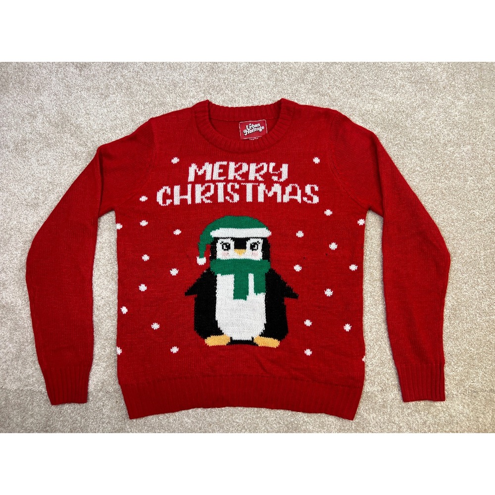Urban Heritage Men's Merry‎ Christmas Penguin Ugly Sweater Red Medium
